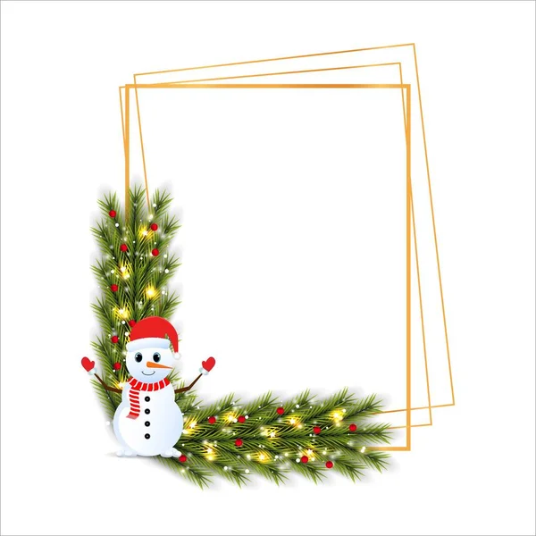 Різдвяна Рамка Зеленим Листям Білому Тлі Різдвяна Рамка Сніговиком Червоному — стоковий вектор