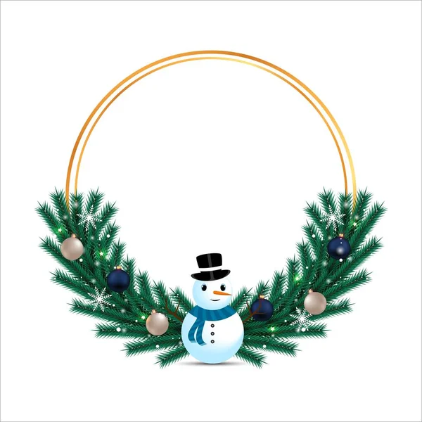 Vánoční Rám Zelenými Listy Roztomilým Sněhulákem Vánoční Rám Modrým Bílým — Stockový vektor
