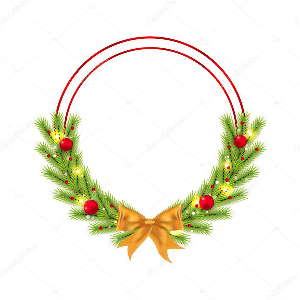 Christmas frame with red decoration ball and star lights. Xmas frame on a white background. Christmas ball, Xmas frame, golden ribbon, round frame, pine leaves, red berries, starlight, snowflakes.