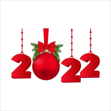 2022 mutlu yıllar. Noel balosu ve kırmızı kurdeleyle mutlu yıllar. 3D, 2022 Mutlu yıllar. 2022 Noel 'i. Kırmızı Mutlu Yeni Yıl Tasarımı Çam yaprakları ve sayı etkisi.