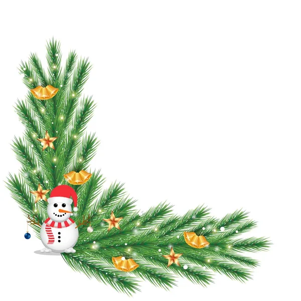 黄金の鐘と雪だるまとクリスマスのコーナー 雪片と黄金の星とクリスマスのコーナー クリスマスコーナー クリスマス要素 緑の松の葉 雪だるま 装飾ボール ジングルベル — ストックベクタ