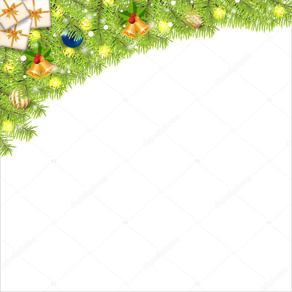 Christmas border with gift boxes and decoration balls. Xmas border with jingle bells and snowflakes. Christmas border, Christmas element, green leaves, decoration balls, golden bells, red berries.