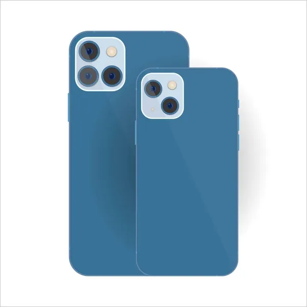 Su mavisi çerçeveli ve mobil kameralı iPhone modeli. Cep telefonunun arka görüntüsü ve el feneri. Gerçekçi cep telefonu, mavi çerçeve, çift kamera, cep telefonu, el feneri, telefon. iPhone.