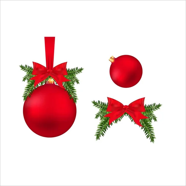 Palla Natale Con Nastro Rosso Foglie Verdi Palla Decorativa Rosso — Vettoriale Stock