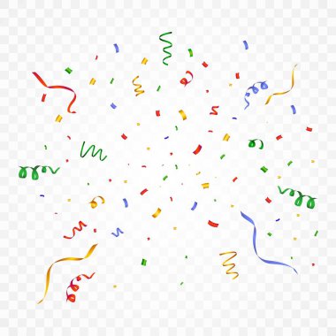 Confetti vector for occasion or festival background. Simple confetti and ribbon flying background. Simple red, green, golden, blue confetti on transparent background. Celebration event and party. clipart