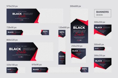 Kara Cuma reklam afişi koleksiyonu. Kara Cuma için çok boyutlu web pankartı. Siyah kırmızı bayrak. Soyut pilot tasarımı ağ şablonu seti. Sosyal medya ilanları, el ilanları, Kara Cuma satış ilanları..