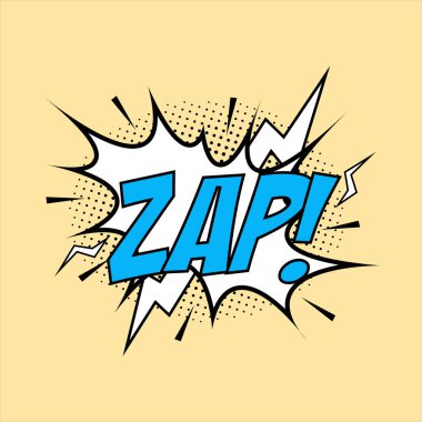 Zap çizgi roman patlaması. Kabarcıklı komik patlama vektörü. Sarı sözcükler ve gök gürültüsüyle çizgi film patladı. Beyaz ve mavi renkli çizgi filmler için komik patlama baloncukları. Çizgi romanlar metin efekti.