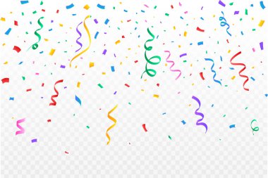 Karnaval geçmişi için konfeti vektörü. Çok renkli parti kurdelesi ve konfeti düşüyor. Şeffaf arkaplanda renkli konfeti izole edilmiş. Festival elemanları. Doğum günü partisi kutlaması.