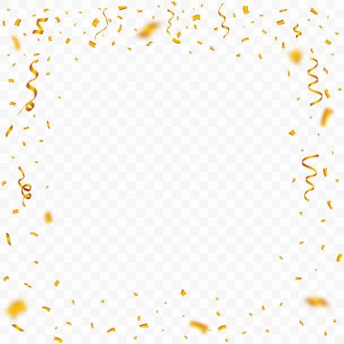 Doğum günü arkaplanı için konfeti çerçeve vektörü. Altın parti kurdelesi ve konfeti düşüyor. Altın konfeti çerçevesi şeffaf arkaplanda izole edilmiş. Karnaval elementleri. Doğum günü kutlaması.