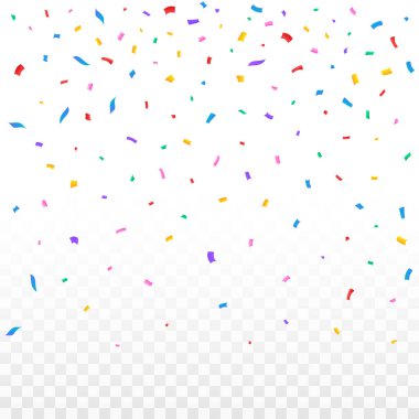 Festival arka planı için konfeti vektörü. Çoklu renkli konfeti ve düşen arka plan. Şeffaf arka planda çok renkli konfeti. Etkinlik ve parti kutlamaları. Karnaval elementi.