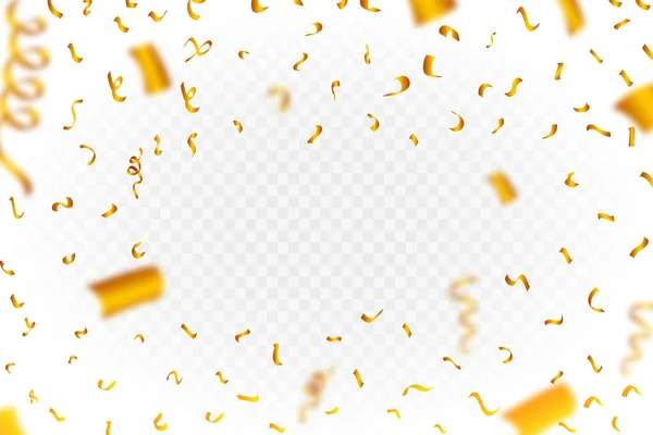 ゴールデンコンフェッティフレームベクトルの背景 現実的な黄金のリボンとコンフェッティ爆発イラスト 透明な背景に隔離された黄金のコンフェッティ 祭りの要素 誕生日パーティーお祝い — ストックベクタ