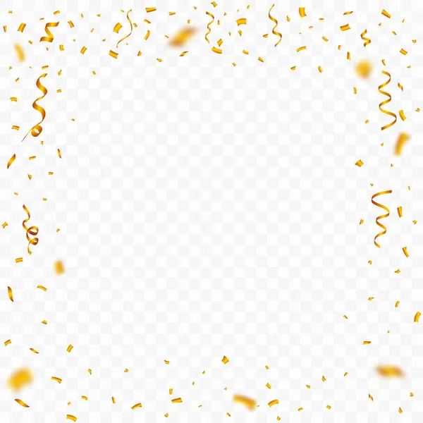 生日背景的Confetti帧向量 金色的党元素丝带和意大利面脱落 在透明的背景下 金色的眼镜框被隔离 狂欢节元素 生日庆祝活动 — 图库矢量图片