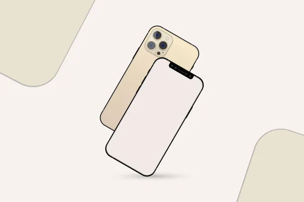 iPhone mobil set vektörü, soluk beyaz çerçeveli ve üçlü kameralı. Cep telefonunun arkası ve ön tarafı boş ekranlı. Gerçekçi cep telefonu, çerçeve, üçlü kamera, ticari amaçlı cep telefonu..