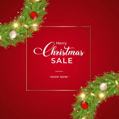 Yeşil çelenkli Noel satışı afişi. Çelenkli satış afişi, beyaz toplar, kırmızı toplar. Kırmızı arka planda Noel çelengi. Dekoratif elementler ve kar taneleriyle Noel afişi şablonu.