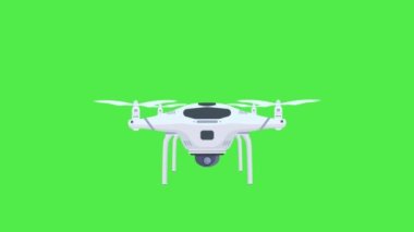İnsansız hava aracı yeşil ekranda uçuyor. Casus İHA animasyonu. Casus kameralı 4K video. Uçan ve gözetleyen bir İHA 'nın animasyon videosu. Bir kuadkopterin kalkış videosunun 4K animasyonu.