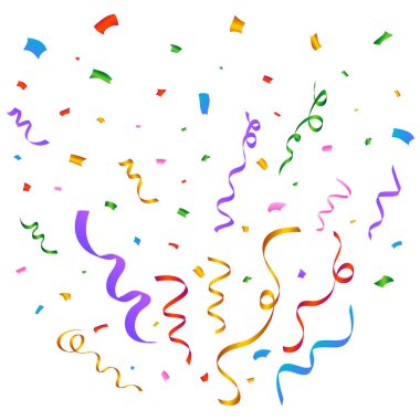 Karnaval geçmişi için konfeti vektör çizimi. Parti elemanları çok renkli konfeti patlaması. Beyaz arka planda izole edilmiş renkli konfeti. Festival elemanları. Doğum günü partisi kutlaması.