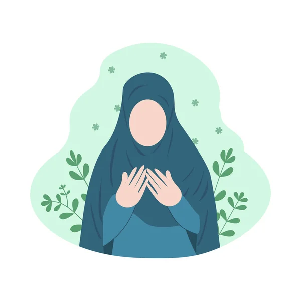 イスラム教徒の女性が平らなイラストを祈る 青いヒジャーブを身に着けているイスラム教徒の少女と緑の背景とフラットなデザインを祈る イスラム教徒の少女を祈るのイスラムフラットイラスト 庭で祈っている女の子 — ストックベクタ