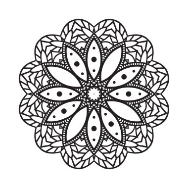 Siyah beyaz desenli Mandala arka planı. Beyaz arka planda Arap tarzı mandala deseni var. Boyama kitabı için dekorasyon mandala süsü. Basit siyah ve beyaz mandala vektörü.