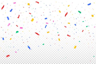 Renkli parti süslemeleri ve konfetiler düşüyor. Festival arka planı için konfeti vektörü. Renkli konfeti şeffaf arka planda izole bir şekilde düşüyor. Karnaval elementleri. Doğum günü kutlaması.