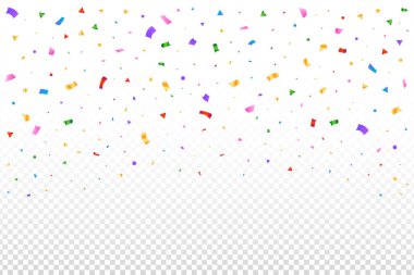 Renkli konfeti şeffaf arka planda izole bir şekilde düşüyor. Renkli süsler düşüyor. Olay ve doğum günü partisi kutlaması. Festival elemanları vektörü. Basit çok renkli konfeti düşen illüstrasyon.