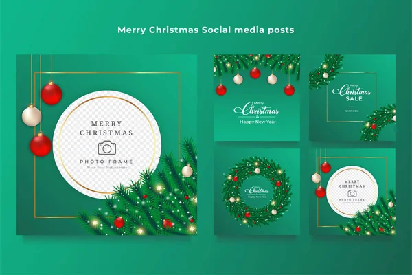 Vánoční Balíček Sociálních Médií Vánoční Prapor Zeleném Pozadí Borový Věnec — Stockový vektor