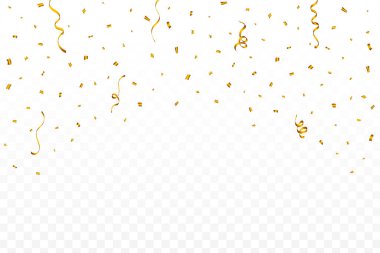 Altın konfeti şeffaf arka planda izole bir şekilde düşüyor. Parlak altın parti süslemeleri ve konfetilerin düşüşü. Karnaval geçmişi için konfeti vektörü. Festival ve yıldönümü unsurları.