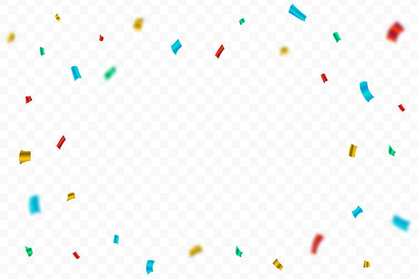 Красочный блестящий взрыв конфетти изолирован на прозрачном фоне. Многоцветная мишура для вечеринок и фоторамка для конфетти. Конфетти вектор для карнавального фона. Элементы фестиваля и юбилея.