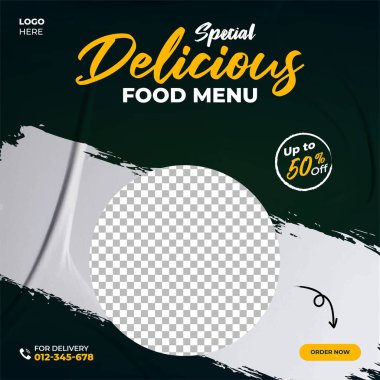 Yemek menüsü sosyal medya paylaşımı. Özel lezzetli yemek menüsü. Koyu arkaplan ve beyaz, sarı metinli restoran ilanı. Yemek promosyonu afişi. Sosyal medya yemek afişi. Spagetti, domates, soğan.