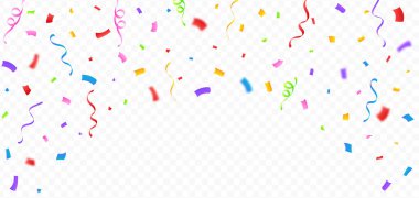 Festival arka planı için konfeti vektörü. Çok renkli parti süslemeleri ve konfetiler düşüyor. Şeffaf arkaplanda renkli konfeti izole edilmiş. Yıldönümü ve doğum günü kutlamaları.