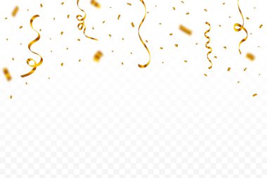 Şeffaf arka planda izole edilmiş altın konfeti. Karnaval geçmişi için konfeti vektörü. Altın parti kurdelesi ve konfeti düşüyor. Doğum günü partisi kutlaması. Festival elemanları.