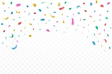 Şeffaf arka planda çok renkli konfeti. Festivalin arka planı için renkli konfeti vektörü. Arka planda çok renkli konfeti düşüyor. Etkinlik ve parti kutlamaları. Festival ögesi.