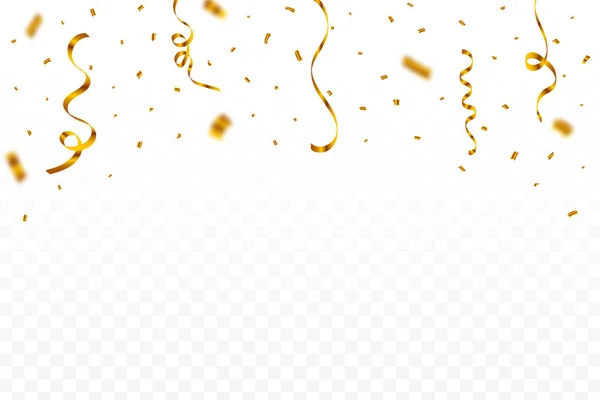 透明な背景に隔離された黄金のコンフェッティ カーニバルの背景のためのConfettiベクトル ゴールデンパーティーリボンとコンフェッティ落下 誕生日パーティーのお祝い 祭りの要素 — ストックベクタ