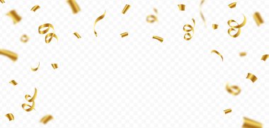 Golden confetti and ribbon falling isolated on dark background. Anniversary and wedding celebration confetti. Golden confetti and ribbon falling illustration. Festival elements vector.