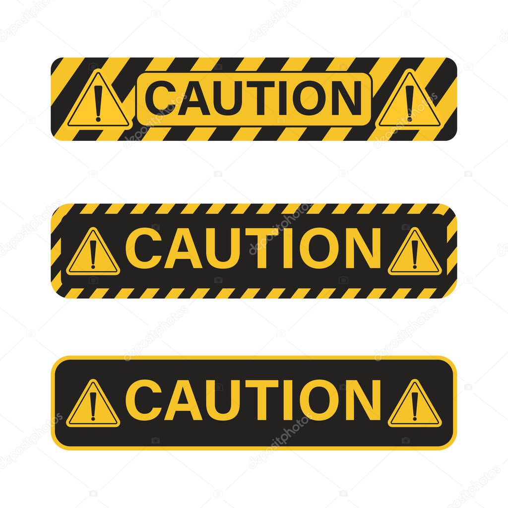 Caution danger sign set with yellow and black color. Warning sign for police, accident, under construction, website. Vector danger sign collection. Caution sign set of yellow warning ribbons.