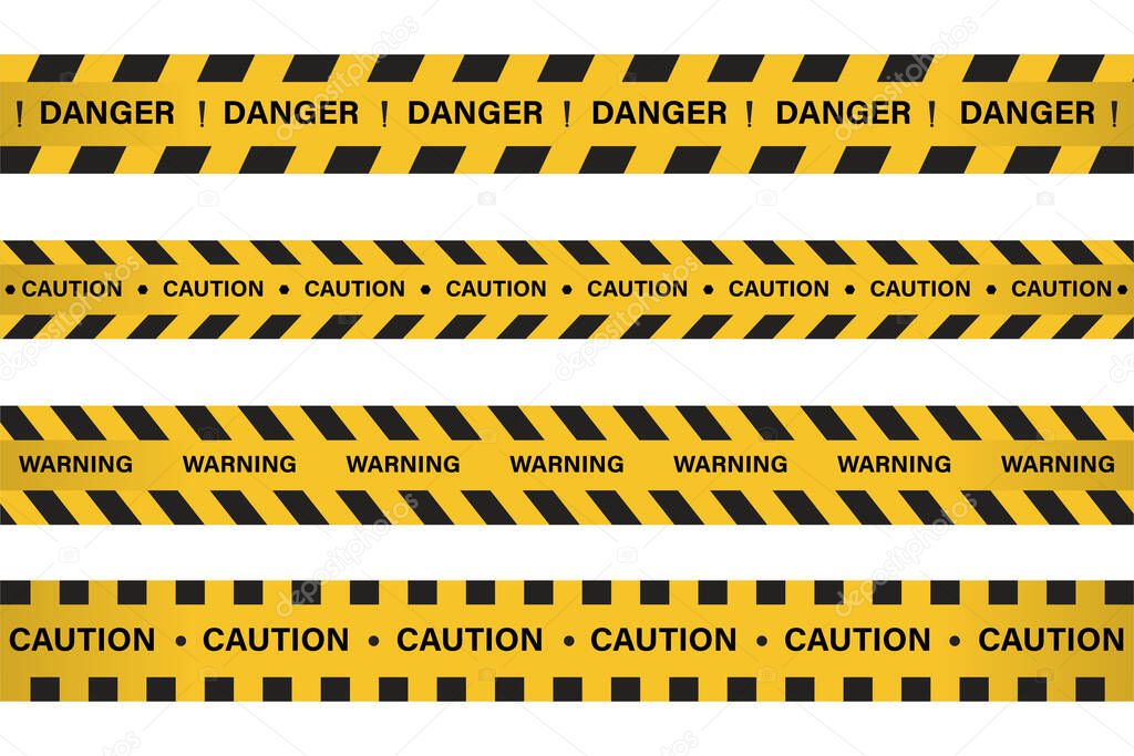 Warning, danger sign with yellow and black color. Caution sign for police, accident, under construction, website. Vector danger sign. Caution tape set with black and yellow warning ribbons.