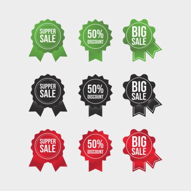 Süper indirim kuponu vektörü. Yeşil, siyah ve kırmızı satış rozeti. İndirim etiketi seti. Büyük indirim kuponu seti. % 50 indirim etiketi, yeşil, siyah ve kırmızı renkte. Rozet koleksiyonu.