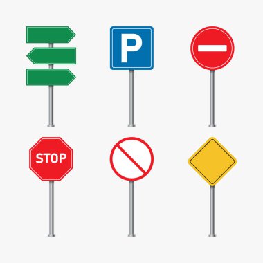 Yol yön işaretleri vektörü. Yeşil, mavi, sarı, kırmızı, boş tabela. Boş reklam tabelası. Beyaz arka planda izole edilmiş yol işaretleri. Renkli trafik işaretleri. Dur işareti ve park işareti.