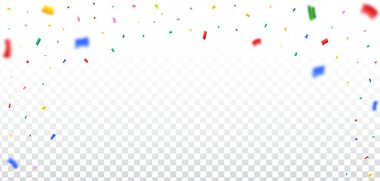 Renkli bir konfeti ve şeffaf bir arkaplana düşen süs eşyası. Festival veya parti unsurları için çok renkli konfeti çerçevesi. Karnaval elemanları ve konfeti çerçeve vektörü.