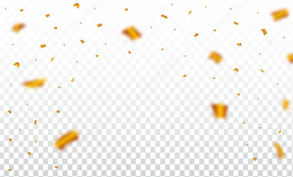 Golden confetti falls on a transparent background. Festival and party element confetti illustration. Golden party tinsel frame for a carnival background. Birthday celebration elements.