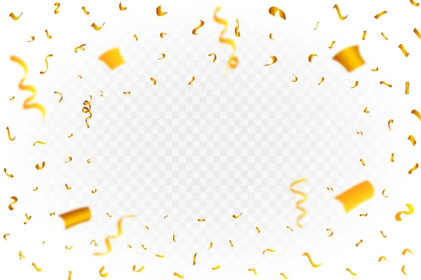 ゴールデンコンフェッティフレームベクトルの背景 現実的な黄金のリボンとコンフェッティ爆発イラスト 透明な背景に隔離された黄金のコンフェッティ 祭りの要素 誕生日パーティーお祝い — ストックベクタ