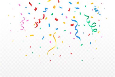 Festival arka planı için konfeti illüstrasyonu. Renkli parti kurdelesi ve konfeti düşüyor. Şeffaf arka planda izole edilmiş altın konfeti. Karnaval elementleri. Doğum günü kutlaması.