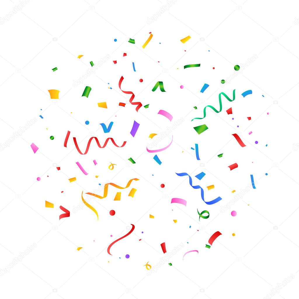 Realistic multicolor confetti vector illustration. Festival confetti and tinsel explosion background. Colorful confetti isolated on white background. Carnival elements. Birthday celebration.