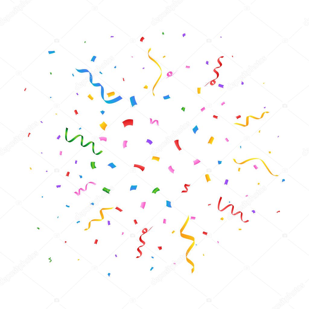 Confetti vector illustration for festival background. Simple tinsel and confetti explosion. Red, green, golden, blue confetti on white background. Event and party celebration.