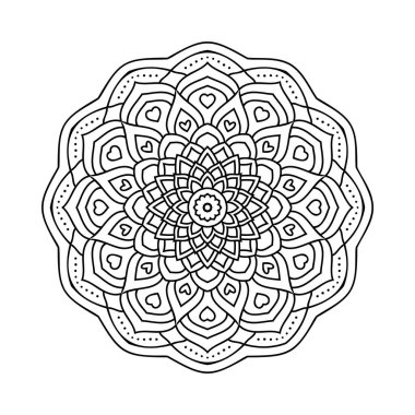Mandala renklendirme sayfası desen vektörü. Geleneksel Hint tarzı mandala çizgisi. Dekorasyon ve renklendirme sayfası şablonu. Çocuk boyama sayfası. Dairesel Hint mandala deseni.