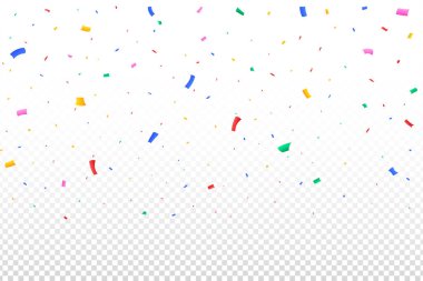 Renkli parti süslemeleri ve konfetiler düşüyor. Festival arka planı için konfeti vektörü. Renkli konfeti şeffaf arka planda izole bir şekilde düşüyor. Karnaval elementleri. Doğum günü kutlaması.