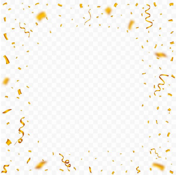 Вектор рамок Конфетти для фона дня рождения. Лента золотого партийного элемента и конфетти падают. Золотая рамка конфетти на прозрачном фоне. Карнавальные элементы. День рождения.