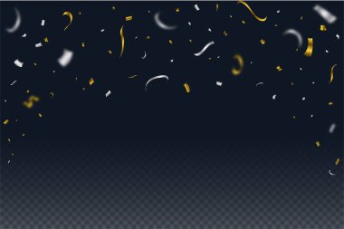 Koyu mavi arka planda, altın ve gümüş konfetiler soyutlanıyor. Festival elemanları. Karnaval geçmişi için konfeti vektörü. Yıldönümü kutlaması. Parlak parti süslemeleri ve konfetiler düşüyor.