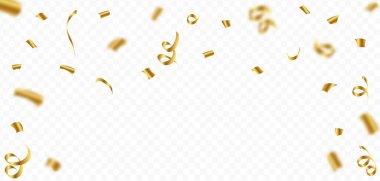 Golden confetti and ribbon falling isolated on dark background. Anniversary and wedding celebration confetti. Golden confetti and ribbon falling illustration. Festival elements vector.