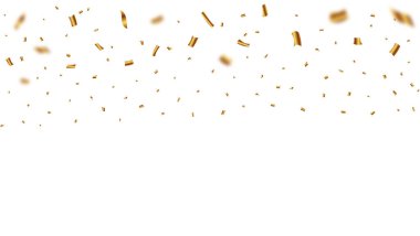 Altın Parti konfetileri ve süslemeleri beyaz arka planda izole bir şekilde düşüyor. Altın renkli konfeti ve düşen süsleme vektörü. Yıldönümü ve doğum günü kutlaması. Karnaval elementleri vektörü.