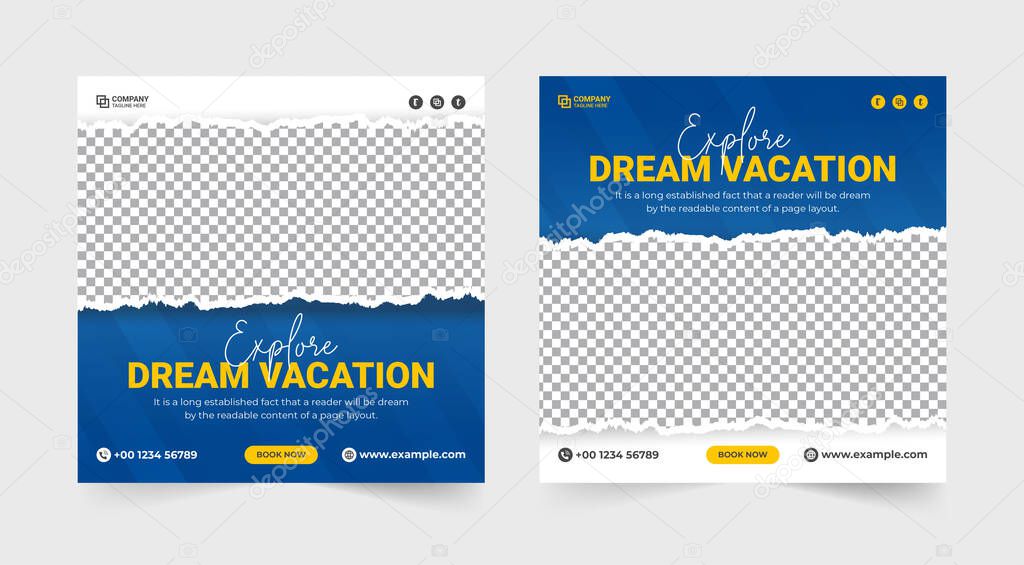 Tour and travel social media post. Travel agency promotion and advertisement template. Travel holiday vacation discount offer template. outdoor adventure vector template. Traveling and hiking banner.